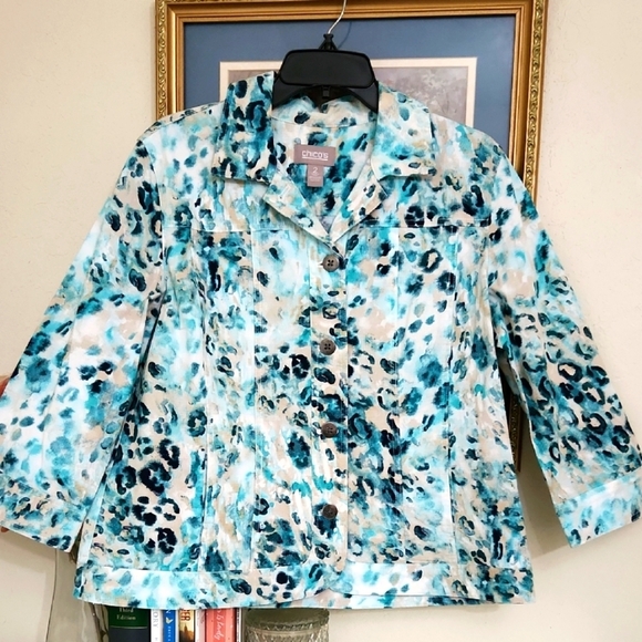 Chico's Blue Leopard Print Women's Jacket Pockets Medium Contemporary Office - Picture 1 of 8